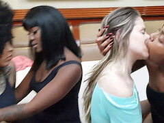 MF interracial lesbos seduce a young blondie into deep kissing and makeout