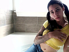 Playing in the Bath - Alexis Zara smashes cootchie Underwater wet T Jeans Strip