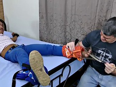 Asian twink in bondage fucked by gay daddy after foot tickling