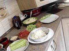 Nude mommy cougar dubarry preps seafood for fresh year eve dinner. naked kitchen. cunt boobs arse