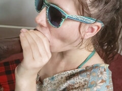 Amateur pov blowjob, cum sunglasses, white girl bbc