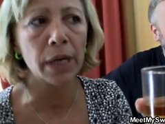 Blonde girl have fun fucking with mature woman and old man