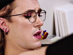 Femboy artist fucked by studs cock without a condom until he cums on glasses