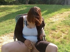 Hot wife having naughty fun with her natural furry pussy in public until she wets herself!