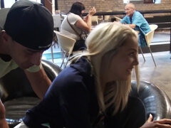 Hot blonde is getting her cunt fucked while she is in a cafe