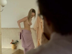 Comely blonde seduced by BF's dad after the shower