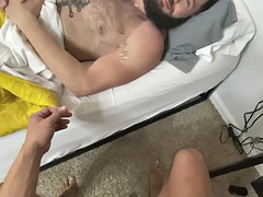Tattooed hairy breasts in stockings POV bareback fucked by boyfriend