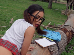 Naughty schoolgirl Martina Smeraldi receives cumshot on her glasses