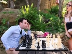 Nerdy babe interrupts outdoor chess game to gag on rival's dick