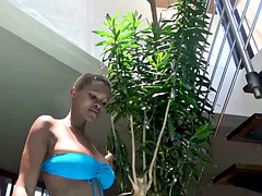 African Sex Trip - Oiled up big black tits glisten while riding cock