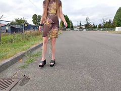 Long pussy dragging over a kilo 2.3 pounds of chains off my pussy in a transparent dress for a walk