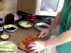 Bare mommy cougar dubarry preps seafood for fresh year eve dinner. naked kitchen. cunny tits ass