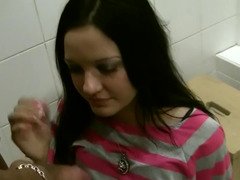 Prostitute from Russia gladly serves two customer in the toilet