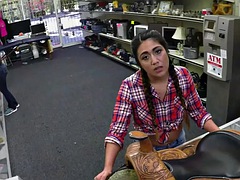 Sexy pawn shop lady loves to suck cock while jerking it off