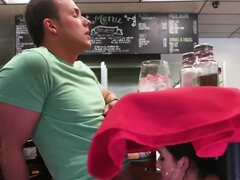 Young Latina woman Melissa Moore gives a blowjob in the cafe