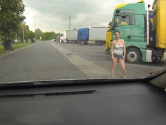 Real blonde Czech hooker picked up between trucks for quick sex