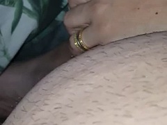 Stepmother, perfect handjob under the blanket on her stepsons cock