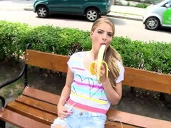 Tourist chick gets picked up and Fucked Deep after eating a Banana