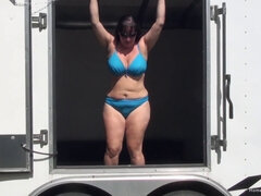 Watch as busty wife gets stuffed in front of her hubby's truck while his truck is right in front of them