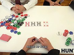 POV reality game with a pierced-nippled brunette in a poker game with her cuckold hubby