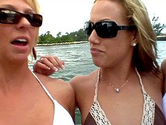 Tight teenagers demonstrate their tits and more in the public fest on a speed boat