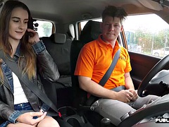 Skinny 19 year old student driver fucked by tutor in car outside