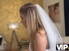 Lucky Bee's wedding bride gets special lessons in white stockings and shaved pussy