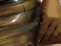 Latex pantyhose fully pissed and waxed