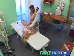 Hot blonde with huge fake tits loves getting drilled by a uniformed doctor in a hospital room