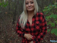 Blonde bombshell with massive tits takes off clothes & fucks hard in woods