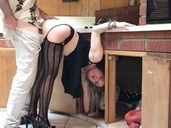 Horny MILF gets stuck in the kitchen and gets drilled by her neighbor