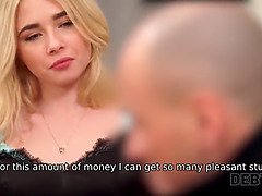 Blonde teen sells her hair dresser for some cash - Debt sex with a rough twist!
