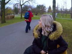 Cute teen swallows cum for cash - public blowjob in the park by Eva Elfie