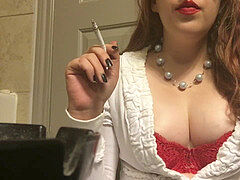 Chubby Teen Smoking Goddess showing off Big perky mammories Red Bra and Sweater