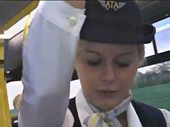 Busty stewardess public handjob on the bus