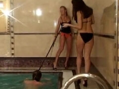 Cfnm girls stomping & humiliating chubby slave at femdom pool party