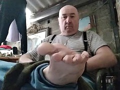 Dad Marcels feet smell bad in his garage-office