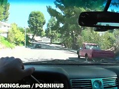 Kierstin Koyote goes wild in car POV with deepthroating, big tits and a huge dick