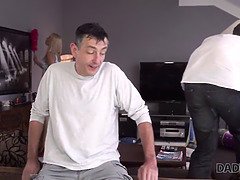 Blonde teen begs for daddy's young cock instead of cleaning while old man watches