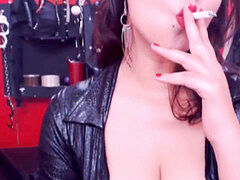 busty black-haired french deep-throat smoking