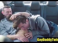 Outdoor gay fun with young and old studs in the car