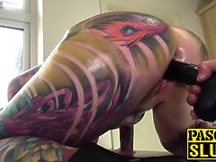 Busty and inked Piggy Mouth fucked anal before cum in mouth