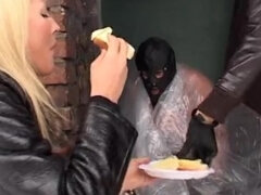 Chubby naked slave food & feet humiliated in winter outdoors