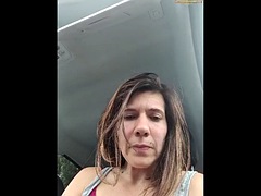 Beautiful hairy girl plays with herself in the car