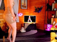 Sexy evening dress try-on with no bra and high heels