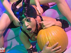 Teen at Halloween College house party sneaky pumps a pumpkin before hot sexy Thai girl in cosplay leaves the party to offer up her tight wet pierced p