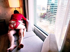 Huge creampie for Valentines Day in the open window of a high-rise building
