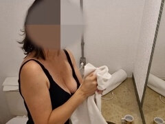 Hot MILF wife walks out of shower with cum-covered snatch
