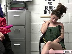 This cute teenie is working at a sex shop and got busted with a huge dildo