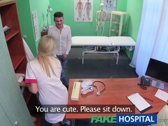 Fakehospital hottie nurse in uniform takes on stud's big cock and gets a cumshot